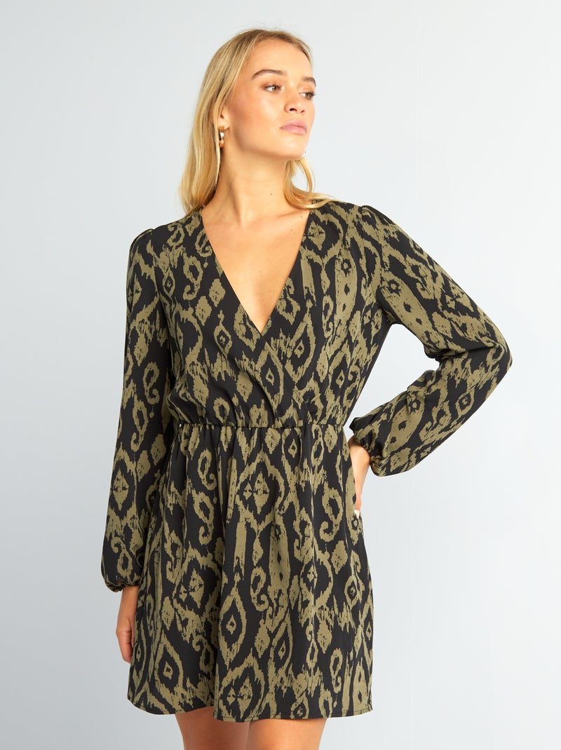 Vestido cruzado estampado PRETO - Kiabi