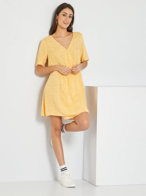 Vestido cruzado fluido com estampado 'flores' - Kiabi
