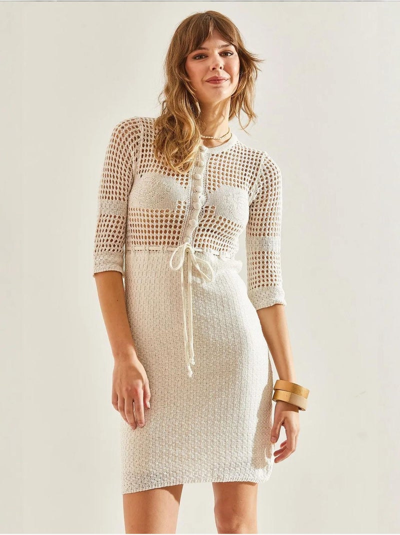 Vestido curto ajustado com laço e detalhe em renda lucci Bege-argila - Kiabi