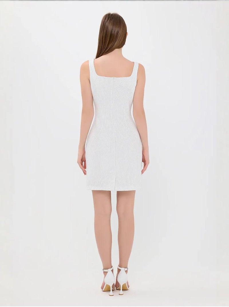 Vestido curto às riscas com decote quadrado e sem mangas Branco - Kiabi