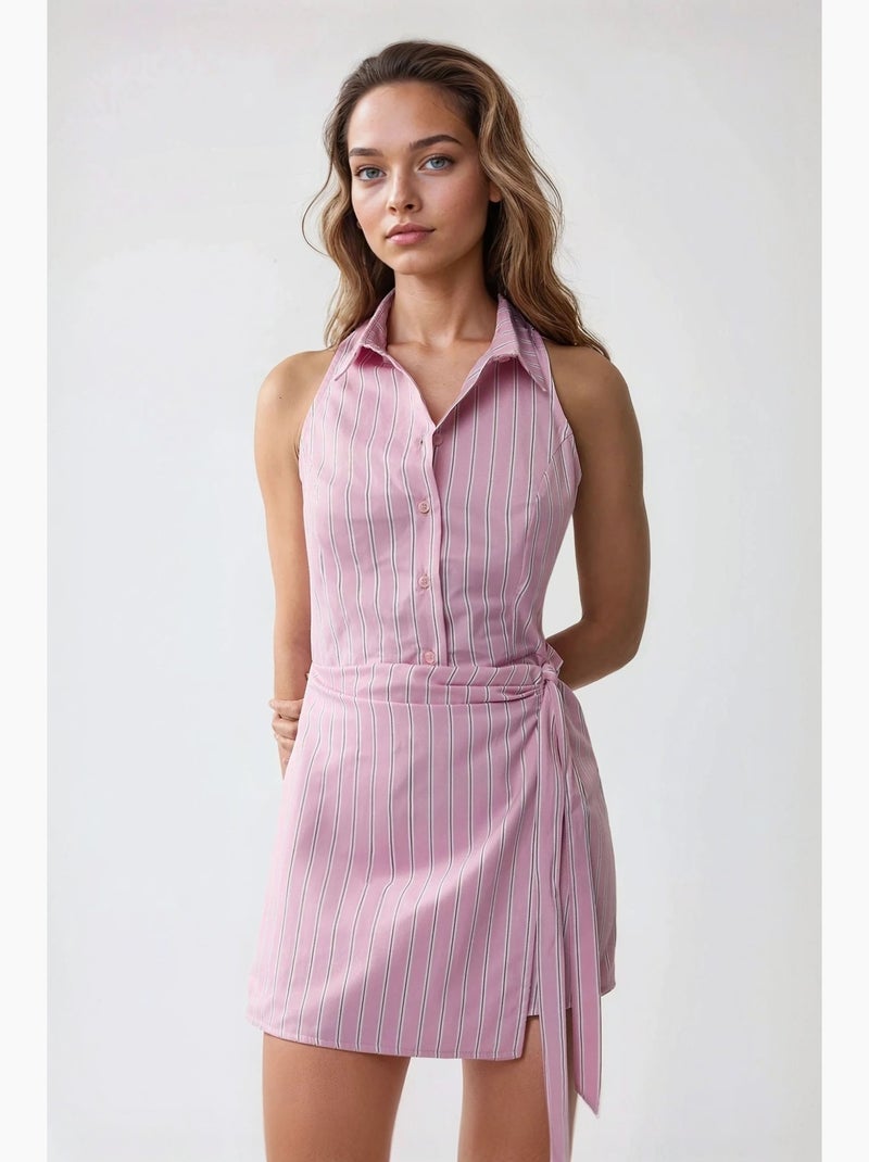 Vestido curto às riscas com gola de camisa hiccup Rosa - Kiabi