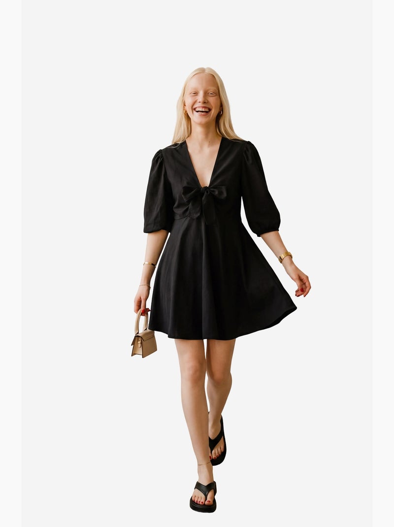 Vestido curto com decote em v e detalhe de laço my fashion Preto - Kiabi