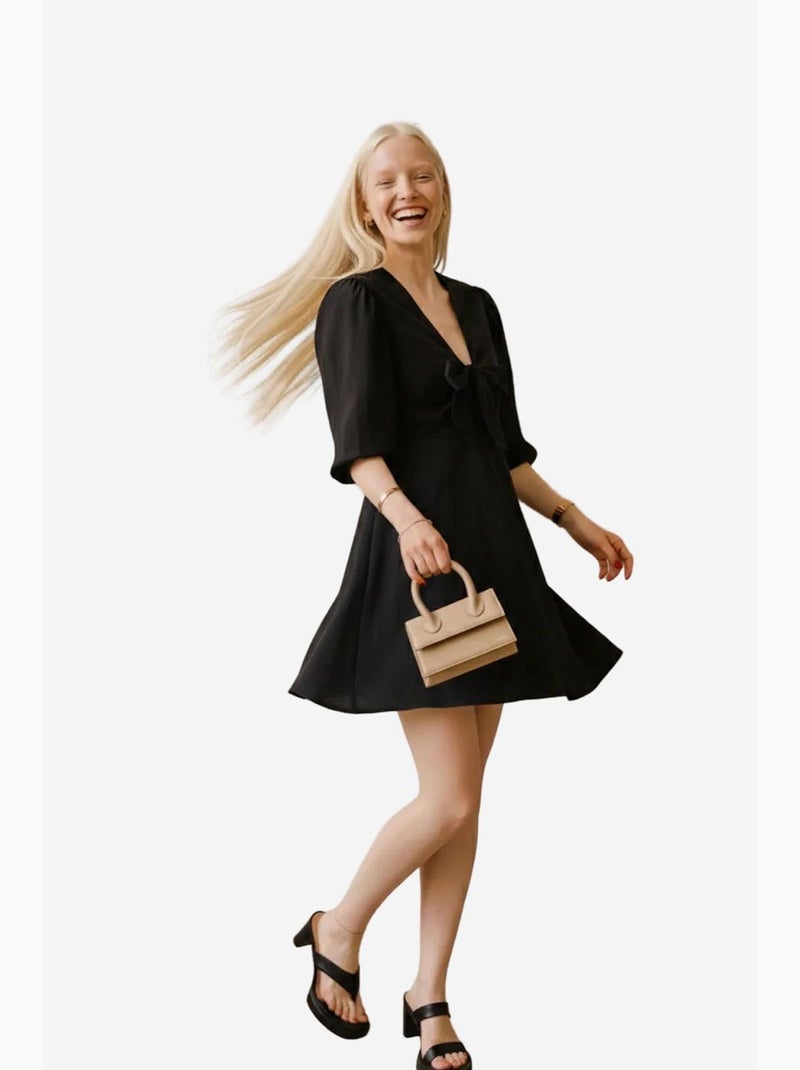 Vestido curto com decote em v e detalhe de laço my fashion Preto - Kiabi