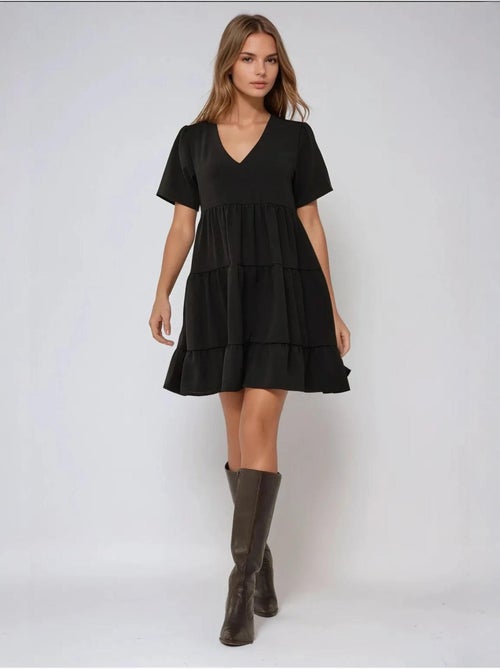 Vestido curto com decote em V e formato A - Kiabi Vestido curto com decote em V e formato A - Kiabi