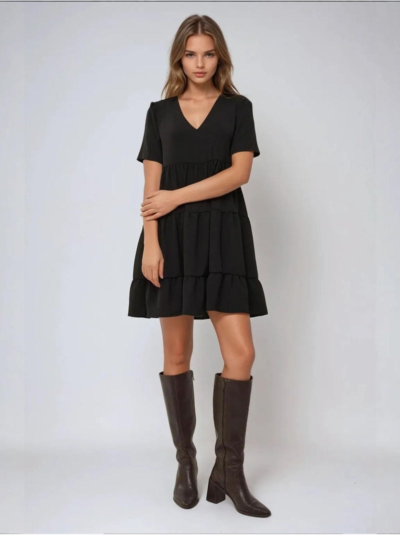 Vestido curto com decote em V e formato A Preto - Kiabi