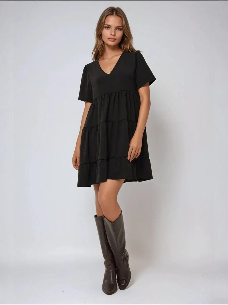 Vestido curto com decote em V e formato A Preto - Kiabi