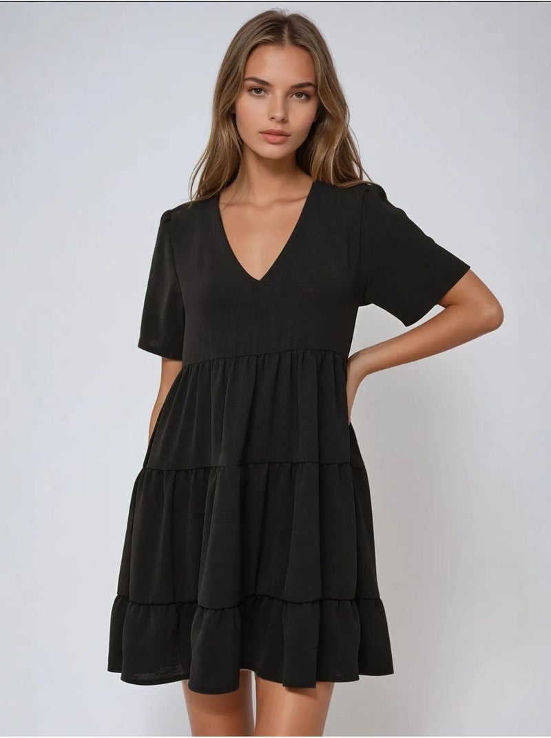 Vestido curto com decote em V e formato A Preto - Kiabi