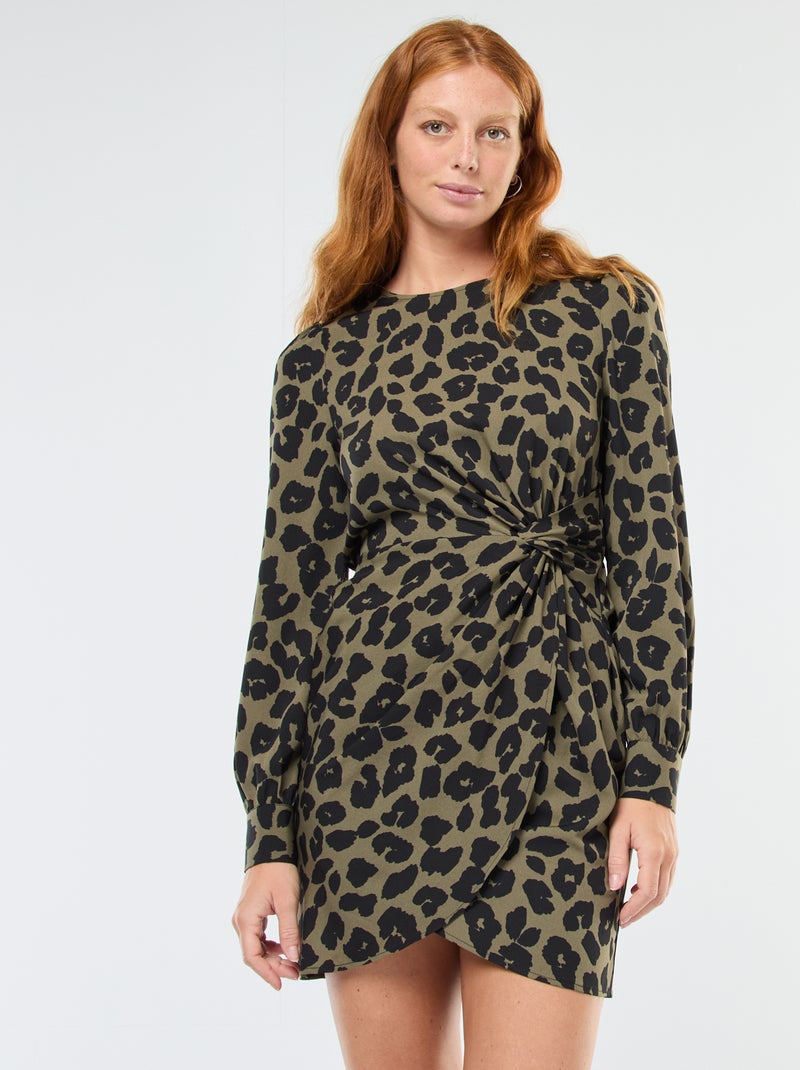 Vestido curto com estampado de leopardo e efeito drapeado Caqui - Kiabi