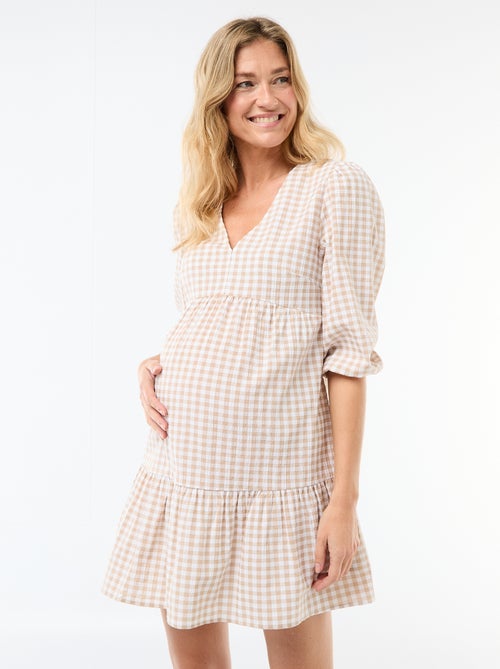 Vestido curto com folhos xadrez - Kiabi