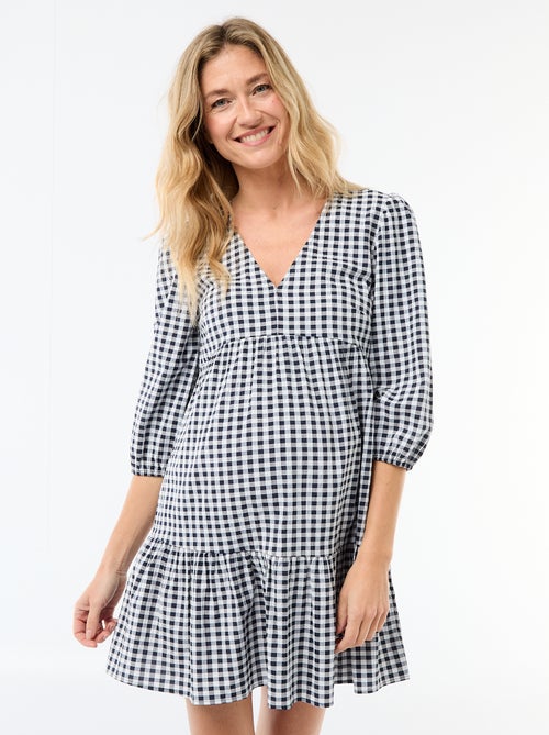 Vestido curto com folhos xadrez - Kiabi