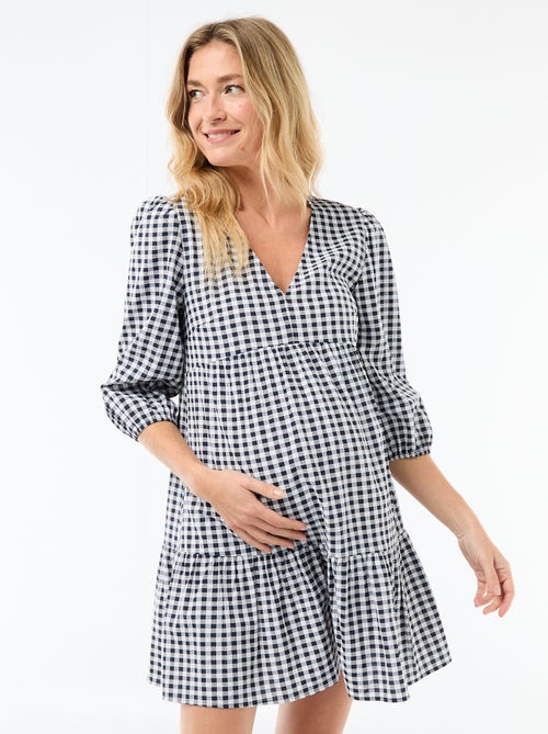 Vestido curto com folhos xadrez - Kiabi