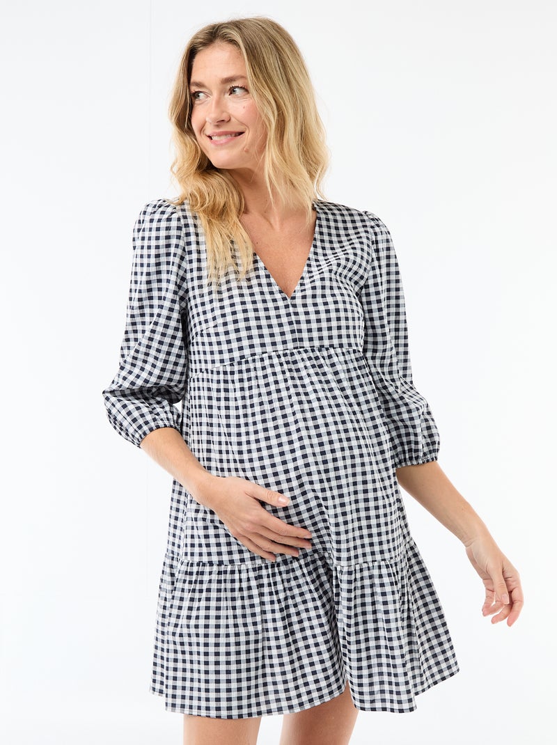Vestido curto com folhos xadrez Preto - Kiabi