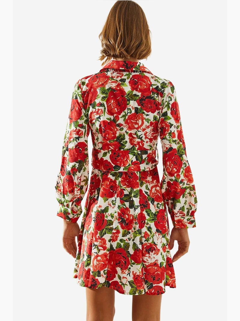 Vestido curto com gola camisa e cinto e estampado floral lucci Branco Vermelho - Kiabi