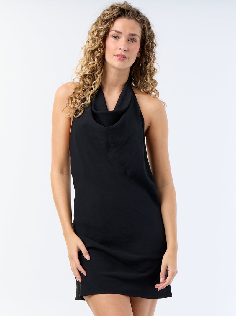 Vestido curto com gola drapeada e amarração no pescoço Preto - Kiabi