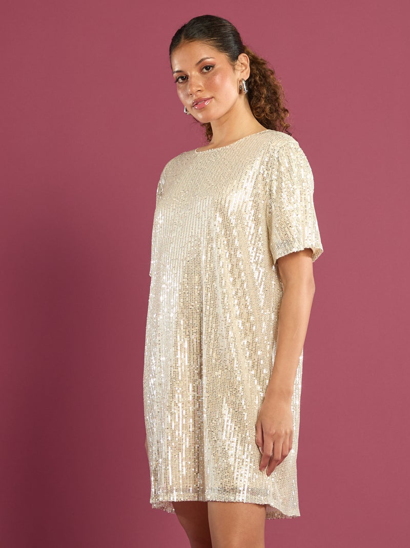 Vestido curto com lantejoulas Bege - Kiabi