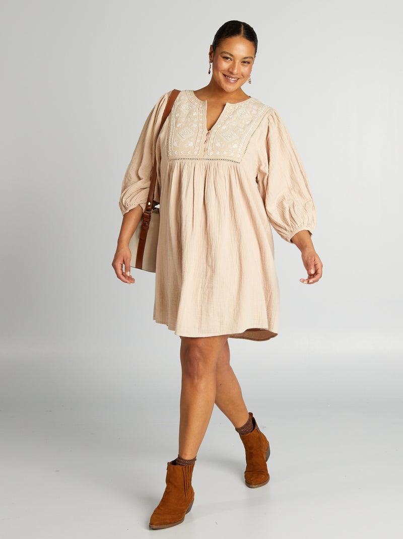 Vestido curto com mangas 3/4 BEGE - Kiabi