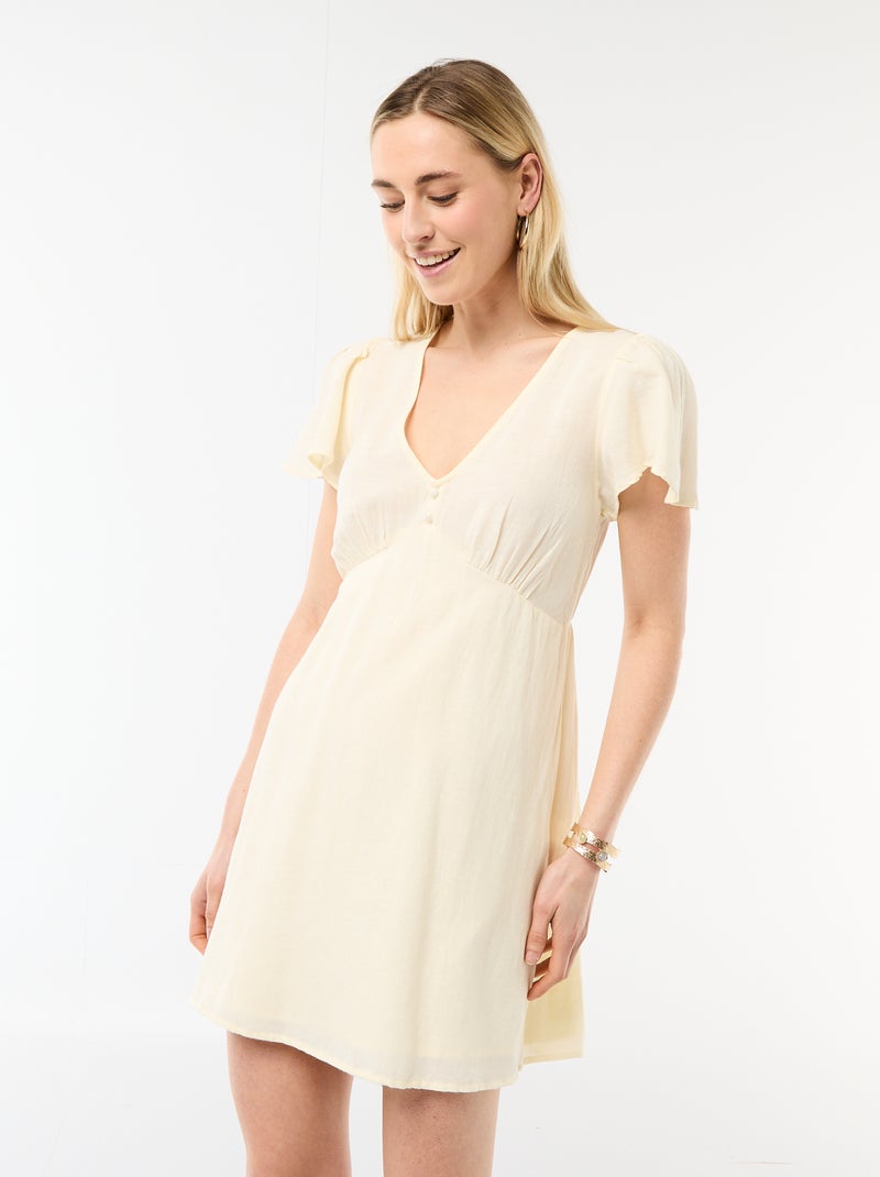 Vestido curto com mangas borboleta em algodão e linho Amarelo - Kiabi