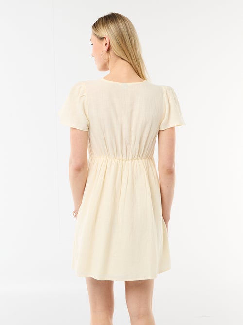 Vestido curto com mangas borboleta em algodão e linho - Kiabi