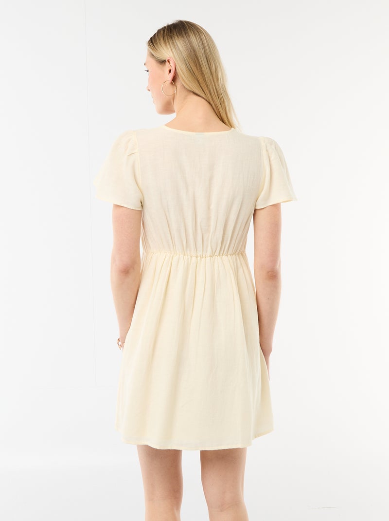 Vestido curto com mangas borboleta em algodão e linho Amarelo - Kiabi
