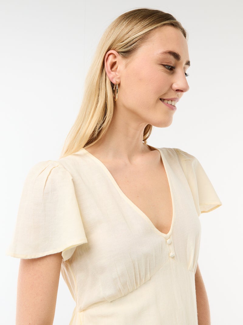 Vestido curto com mangas borboleta em algodão e linho Amarelo - Kiabi