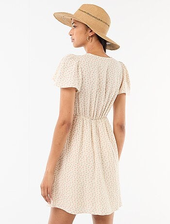 Vestido curto com mangas borboleta em algodão e linho