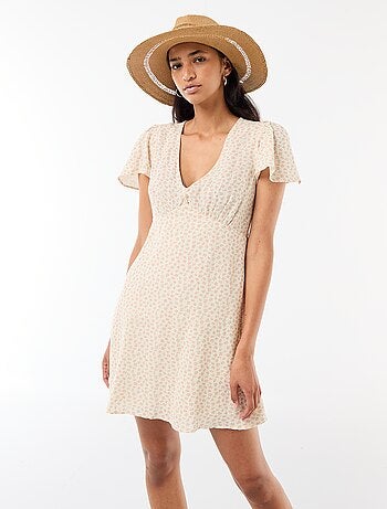 Vestido curto com mangas borboleta em algodão e linho