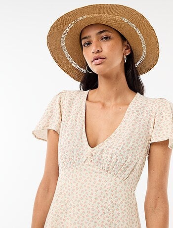 Vestido curto com mangas borboleta em algodão e linho
