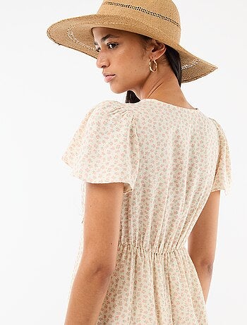 Vestido curto com mangas borboleta em algodão e linho