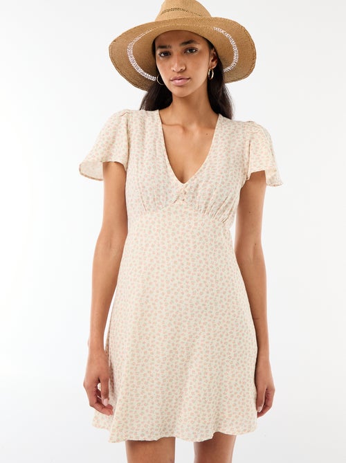 Vestido curto com mangas borboleta em algodão e linho - Kiabi