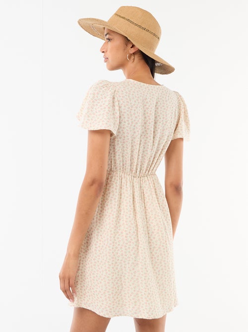Vestido curto com mangas borboleta em algodão e linho - Kiabi