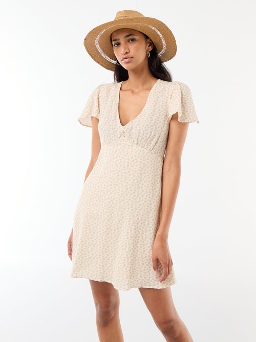Vestido curto com mangas borboleta em algodão e linho - Kiabi