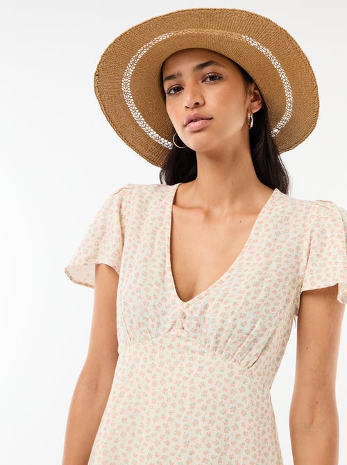 Vestido curto com mangas borboleta em algodão e linho - Kiabi