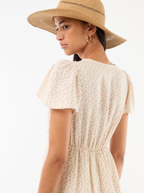 Vestido curto com mangas borboleta em algodão e linho - Kiabi