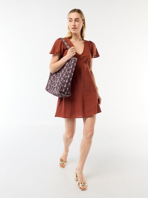 Vestido curto com mangas borboleta em algodão e linho - Kiabi
