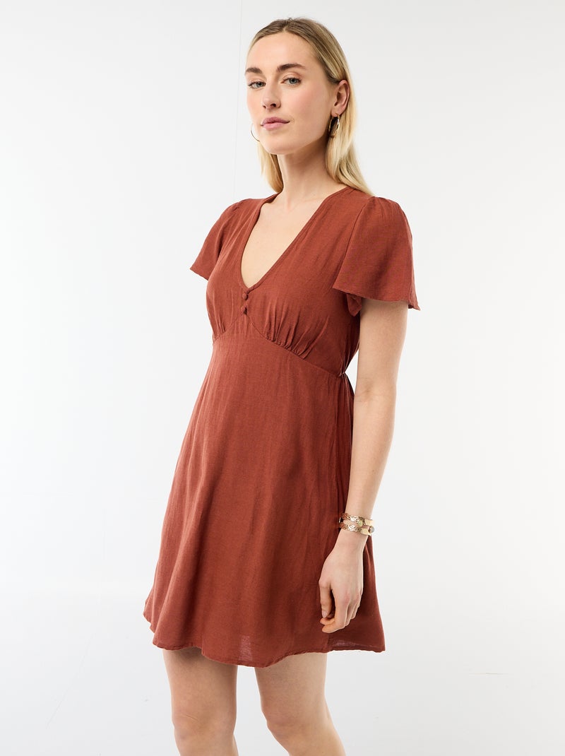 Vestido curto com mangas borboleta em algodão e linho Castanho - Kiabi