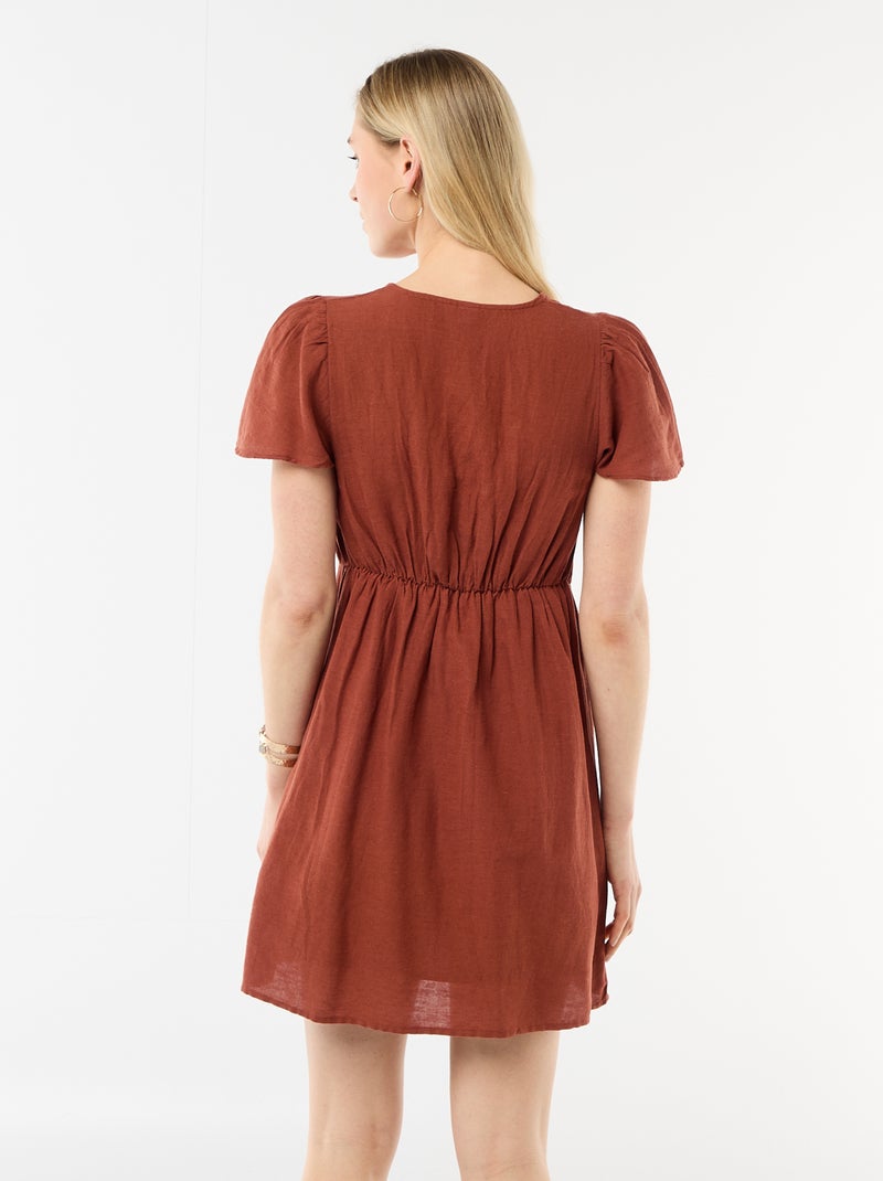 Vestido curto com mangas borboleta em algodão e linho Castanho - Kiabi