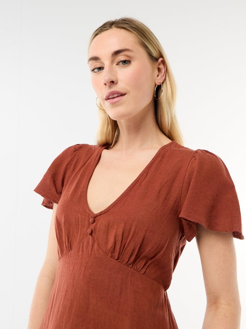 Vestido curto com mangas borboleta em algodão e linho - Kiabi