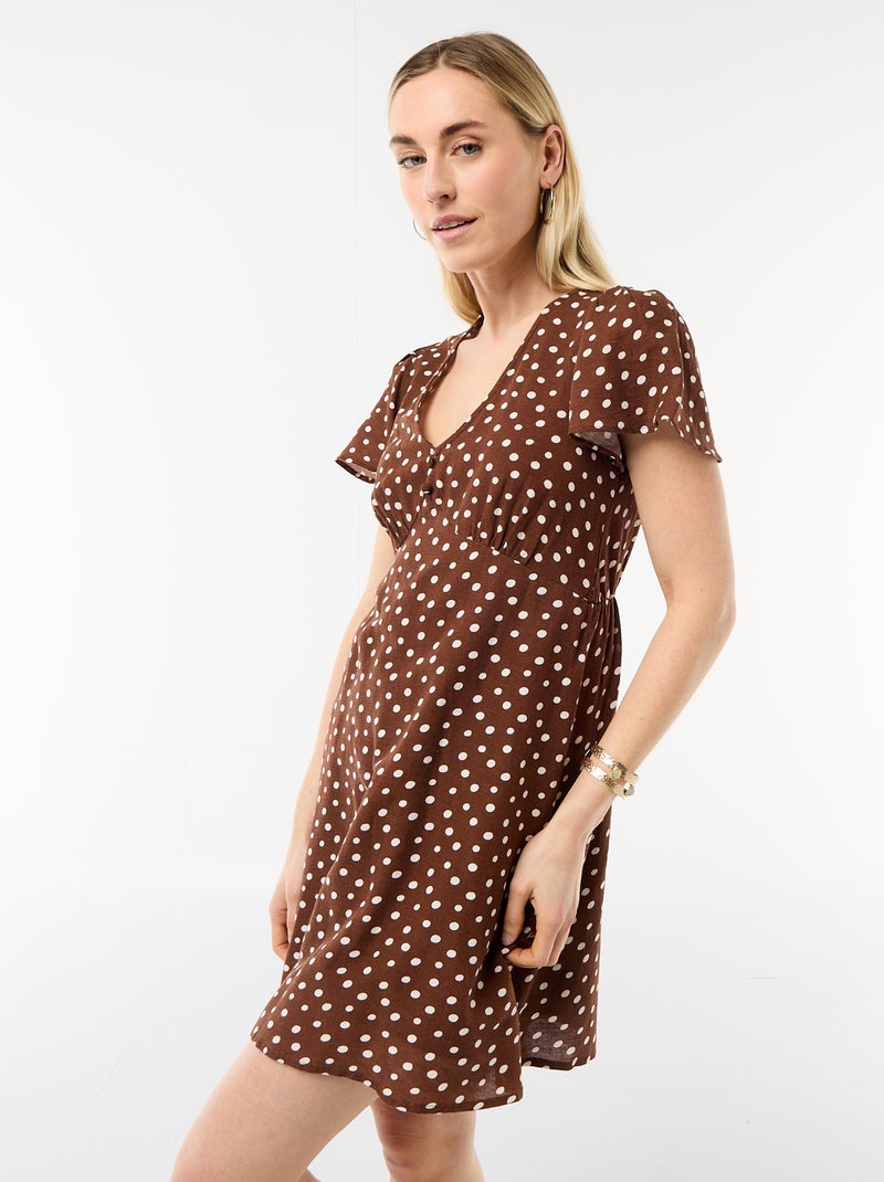 Vestido curto com mangas borboleta em algodão e linho Castanho - Kiabi