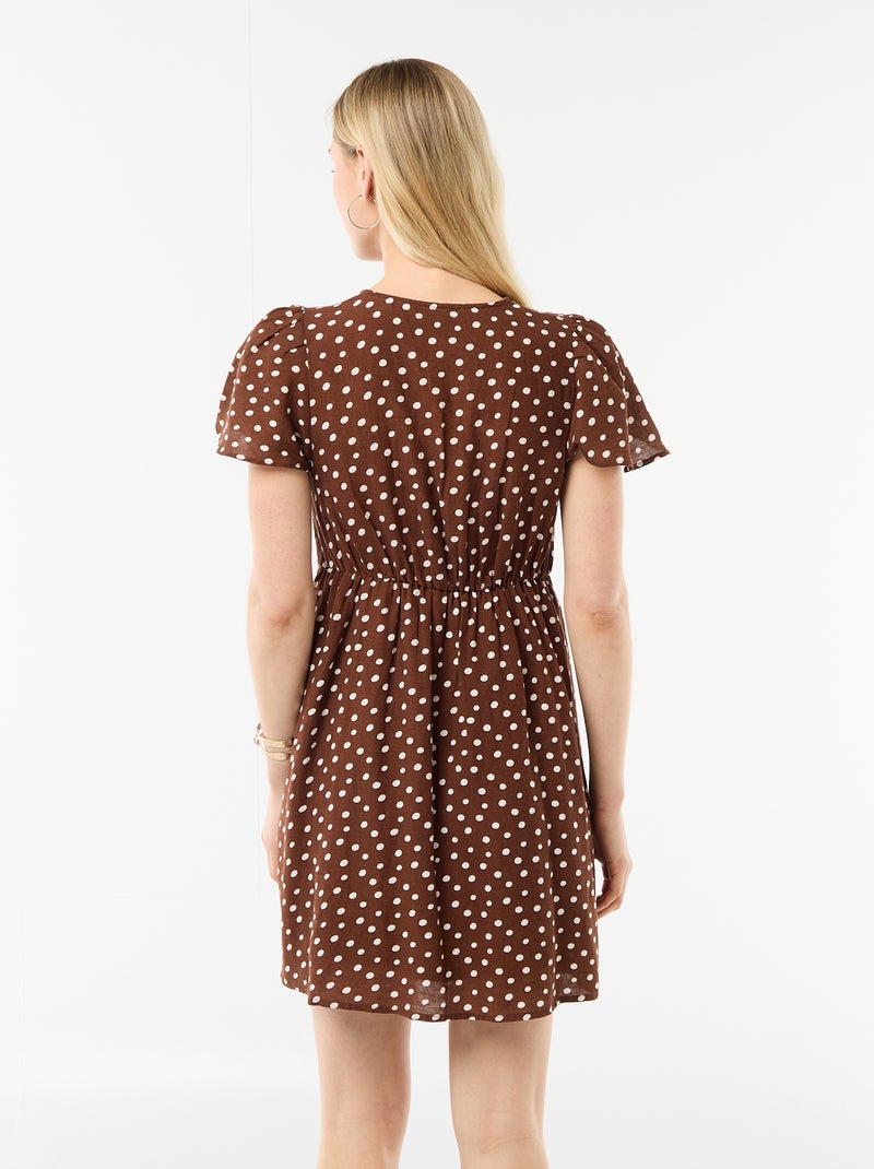 Vestido curto com mangas borboleta em algodão e linho Castanho - Kiabi