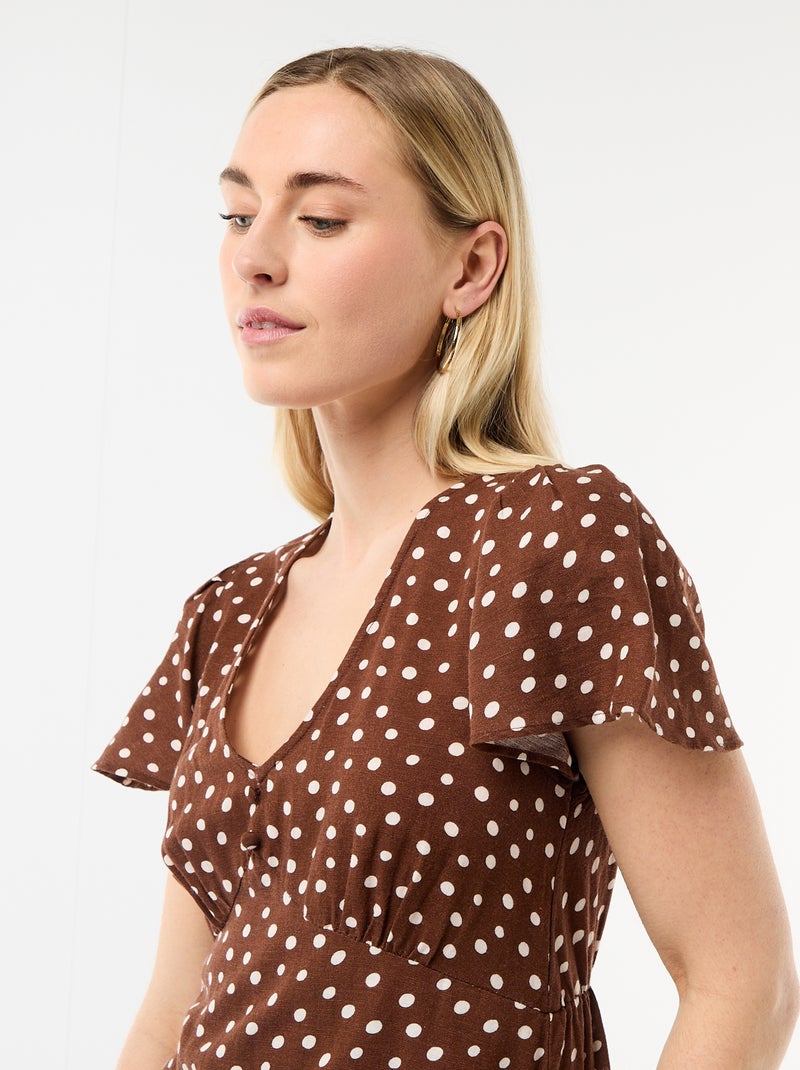 Vestido curto com mangas borboleta em algodão e linho Castanho - Kiabi