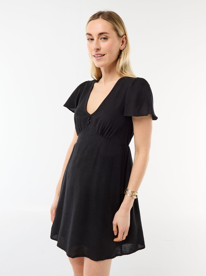 Vestido curto com mangas borboleta em algodão e linho Preto - Kiabi