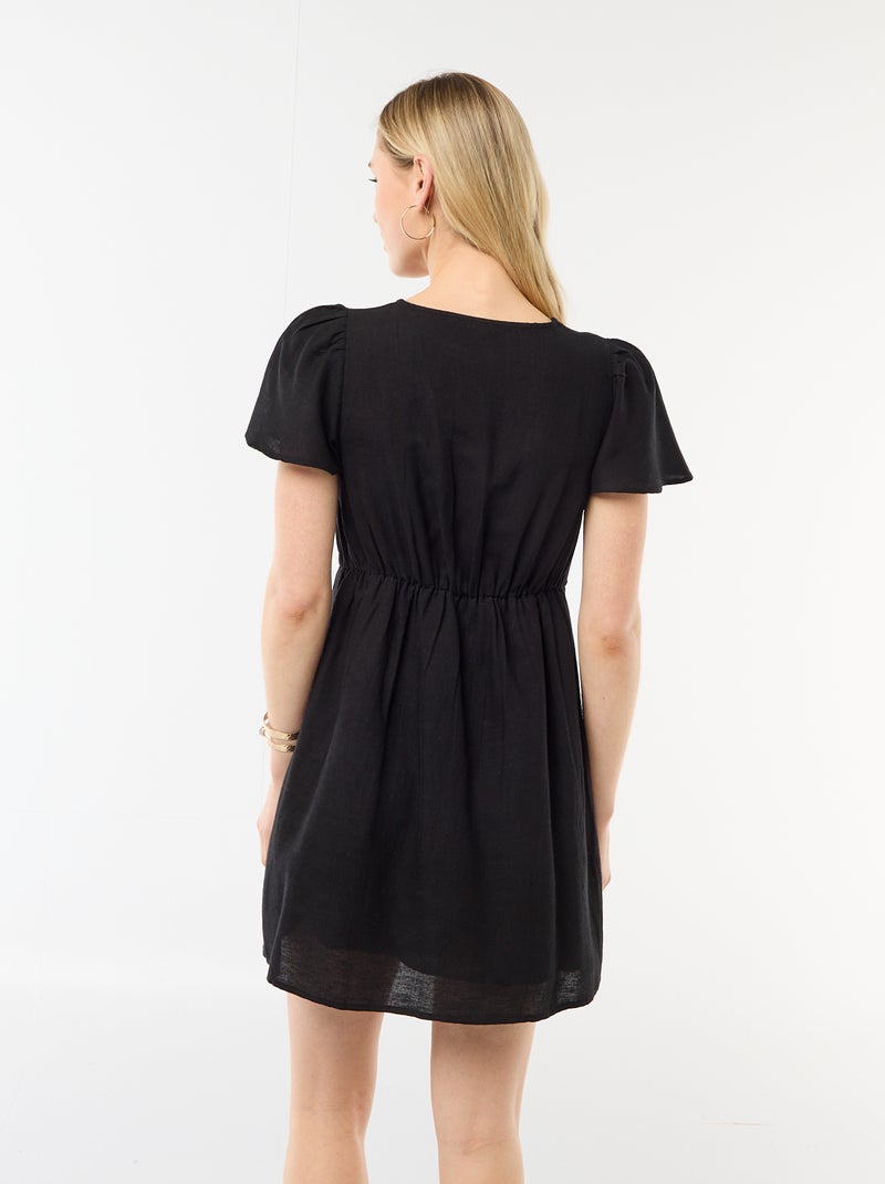 Vestido curto com mangas borboleta em algodão e linho Preto - Kiabi