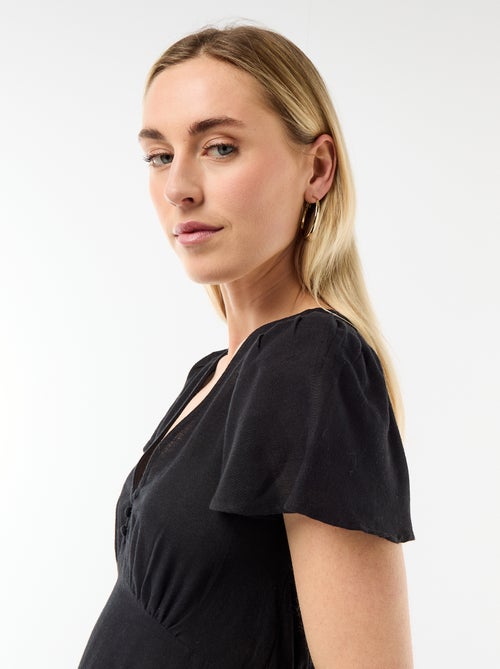 Vestido curto com mangas borboleta em algodão e linho - Kiabi