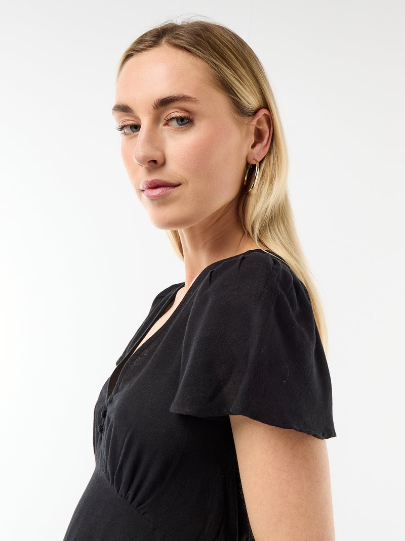 Vestido curto com mangas borboleta em algodão e linho Preto - Kiabi