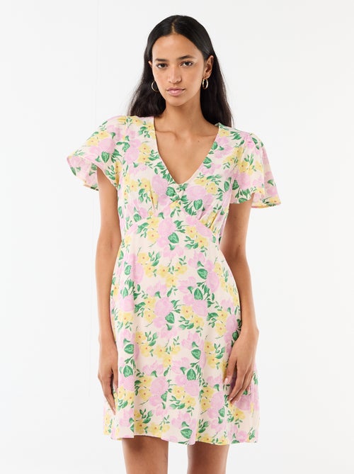 Vestido curto com mangas borboleta em algodão e linho - Kiabi