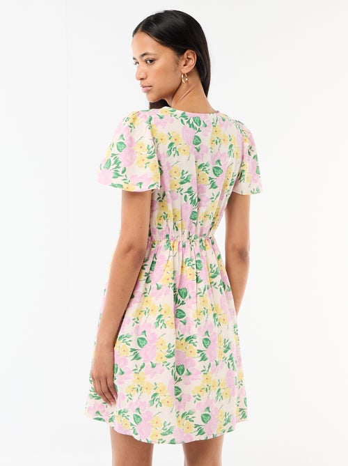 Vestido curto com mangas borboleta em algodão e linho - Kiabi