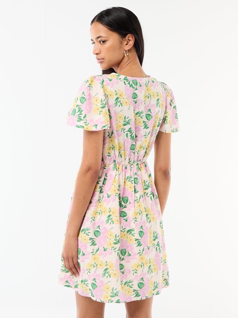 Vestido curto com mangas borboleta em algodão e linho Rosa - Kiabi