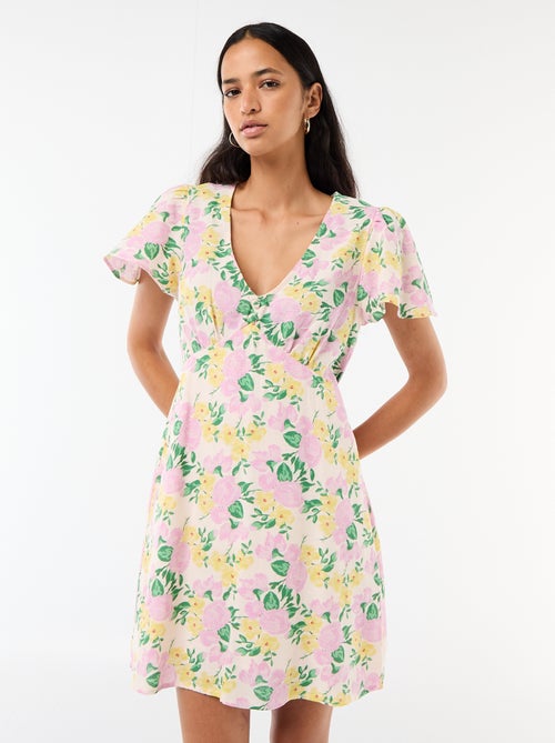 Vestido curto com mangas borboleta em algodão e linho - Kiabi