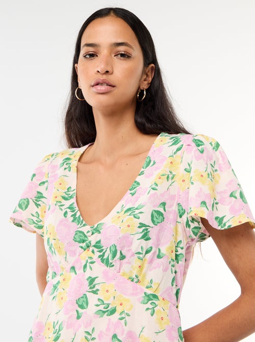 Vestido curto com mangas borboleta em algodão e linho - Kiabi