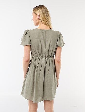 Vestido curto com mangas borboleta em algodão e linho